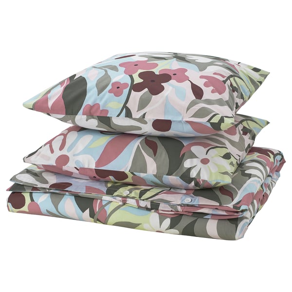 KORSKOVALL Bettwäsche-Set, buntes Blumenmuster, weiche Baumwoll-Viskose-Mischung, rechteckige Form mit Reißverschluss.