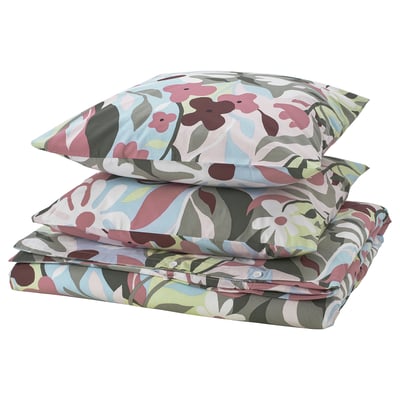 KORSKOVALL Bettwäsche-Set, buntes Blumenmuster, weiche Baumwoll-Viskose-Mischung, rechteckige Form mit Reißverschluss.