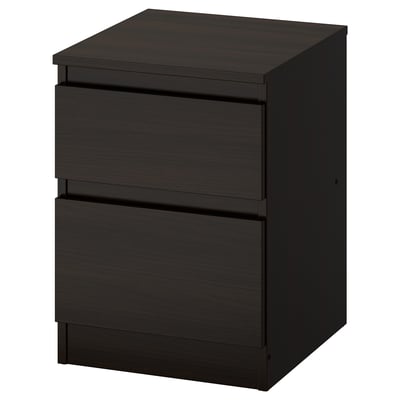 KULLEN schwarze Kommode, Nachttisch mit 3 Schubladen, schlankes Design, dunkelbraunes Holz.