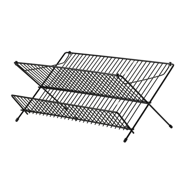 Ein schwarzer KVOT-Abtropfschrank mit zwei Ebenen zum Trocknen von Geschirr und Gläsern, klappbar für Platzsparen, gefertigt aus Stahl mit Gummifüßen.