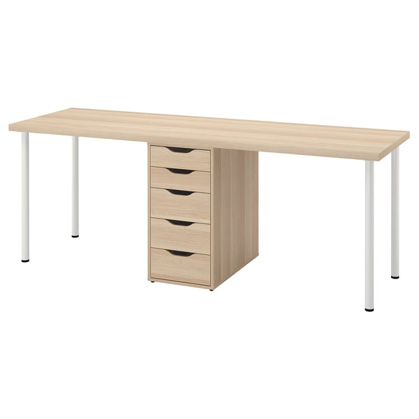 Schreibtisch aus hellem Holz mit fünf Schubladen, vier Beinen, minimalistischem Design.