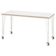 LAGKAPTEN Schreibtisch: modern weiß mit heller Holzplatte, vier Beinen, Rollen. Einfaches, funktionales Design.