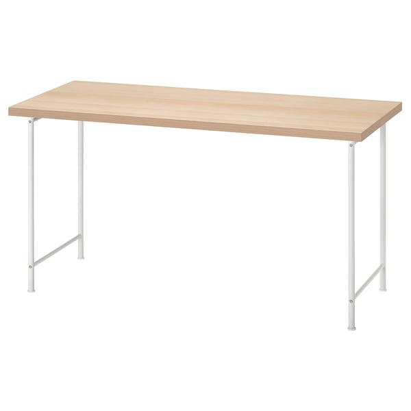 LAGKAPTEN Schreibtisch, hellbraune Platte, weiße Metallbeine, rechteckige Form, modernes Design.