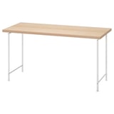 LAGKAPTEN Schreibtisch, hellbraune Platte, weiße Metallbeine, rechteckige Form, modernes Design.
