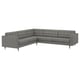 Modernes graues Sofa mit L-förmigem Profil, getuftete Rückenlehne, Metallbeine.