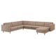 Beigefarbenes L-förmiges Ledersofa mit getuftetem Design, Holzbeinen und bequemen Kissen.