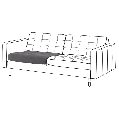 Ein weißes Polstersofa namens LANDSKRONA mit einem dunkelgrauen Sitzkissen. Es hat eine getuftete Rückenlehne und Sitzfläche, die von eckigen Beinen getragen wird.