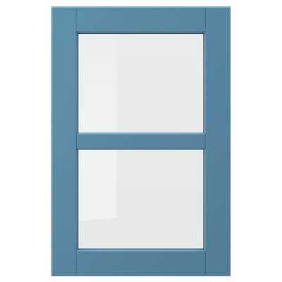 LERHYTTAN blaue Tür mit quadratischen Paneelen und abgeschrägten Kanten. Rahmen aus massiver Birke, Scheiben aus gehärtetem Glas. Rustikales, traditionelles Design.