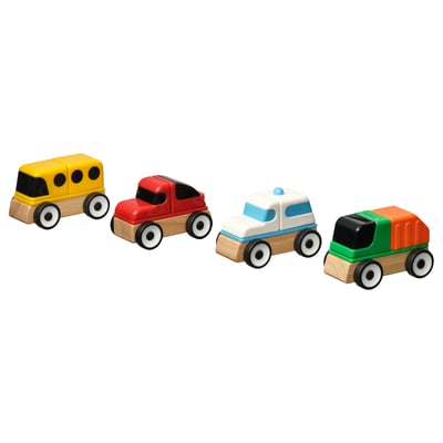 Vier bunte Spielzeugfahrzeuge aus Holz, darunter ein gelber Bus, ein rotes Auto, ein blau-weißes Polizeiauto und ein grüner Müllwagen, sind in einer Reihe angeordnet.