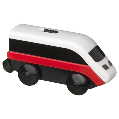 Eine LILLABO Spielzeugeisenbahn, schwarz, rot und weiß. Der Akku wird mit einem Knopf auf der Oberseite betrieben.
