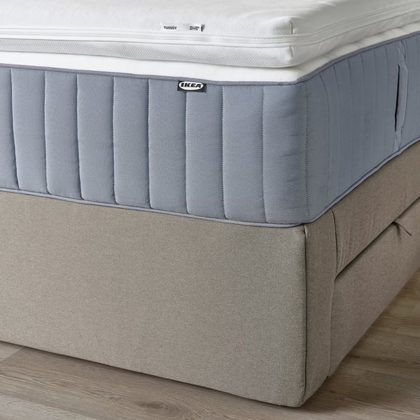 LILLFJÄLLET Boxspringbett mit Bettkasten, Vågstranda fest/mittelfest/Tussöy Tibbleby beige, 160x200 cm