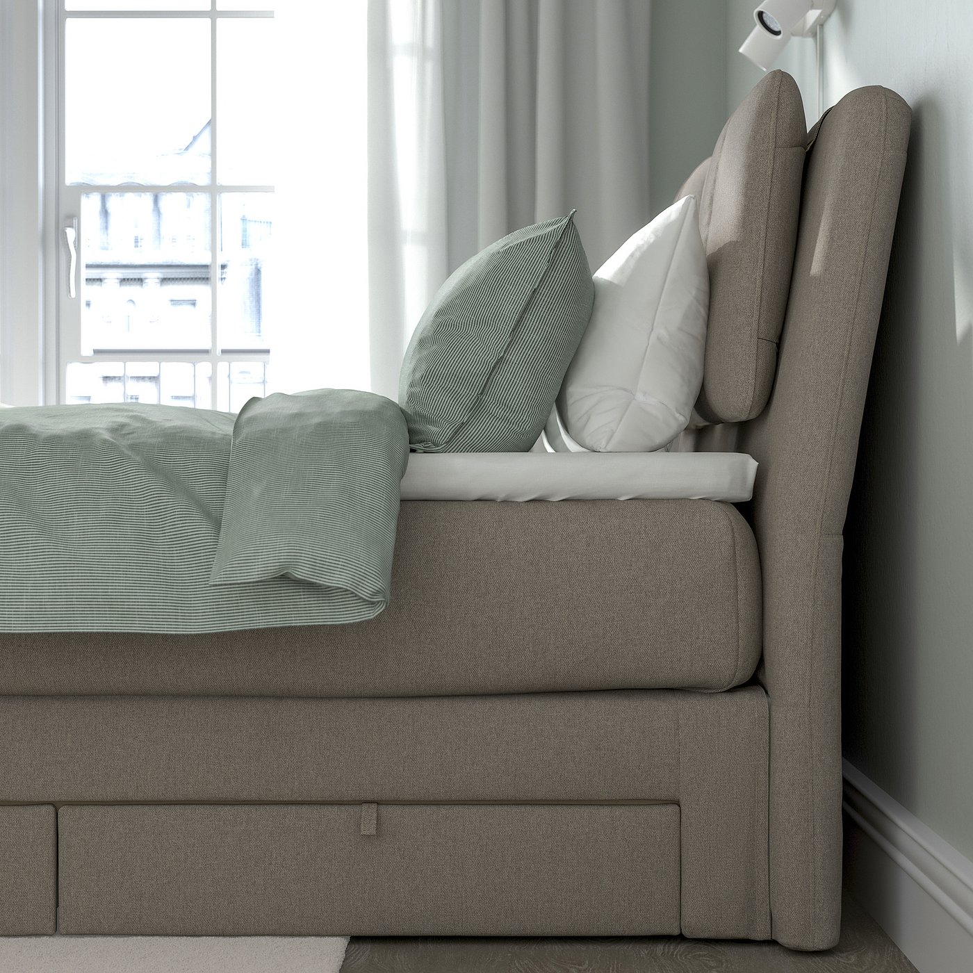 Thumbnail - IKEA LILLFJÄLLET Boxspringbett mit Bettkasten Vågstranda mittelfest/Nordberget Tibbleby dunkelbeige 180x200 cm