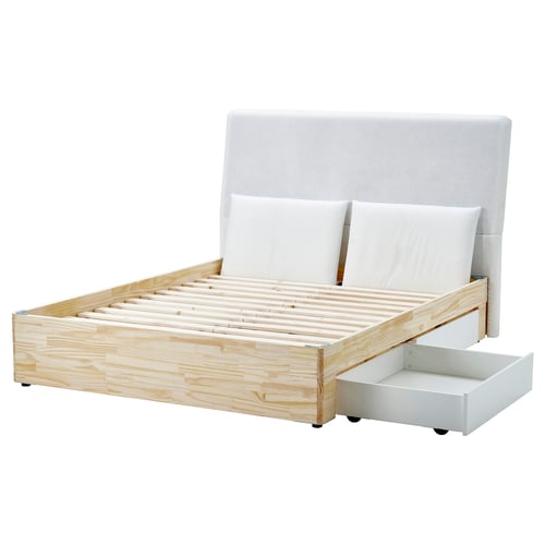 LILLFJÄLLET Bett: helles Holz, weißes Kopfteil, Schublade, rechteckiges, minimalistisches Design.