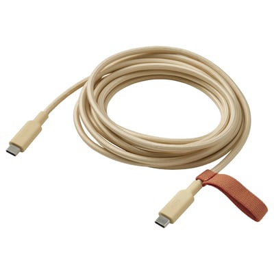 LILLHULT USB-C Kabel, beige, 3m. Geflochten, flexibel, mit Gummiverbindern. Inklusive Gummiband zur Aufbewahrung.