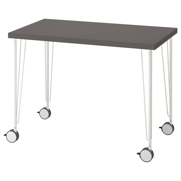 LINNMON Schreibtisch, graue Platte, weiße Beine mit Rädern.