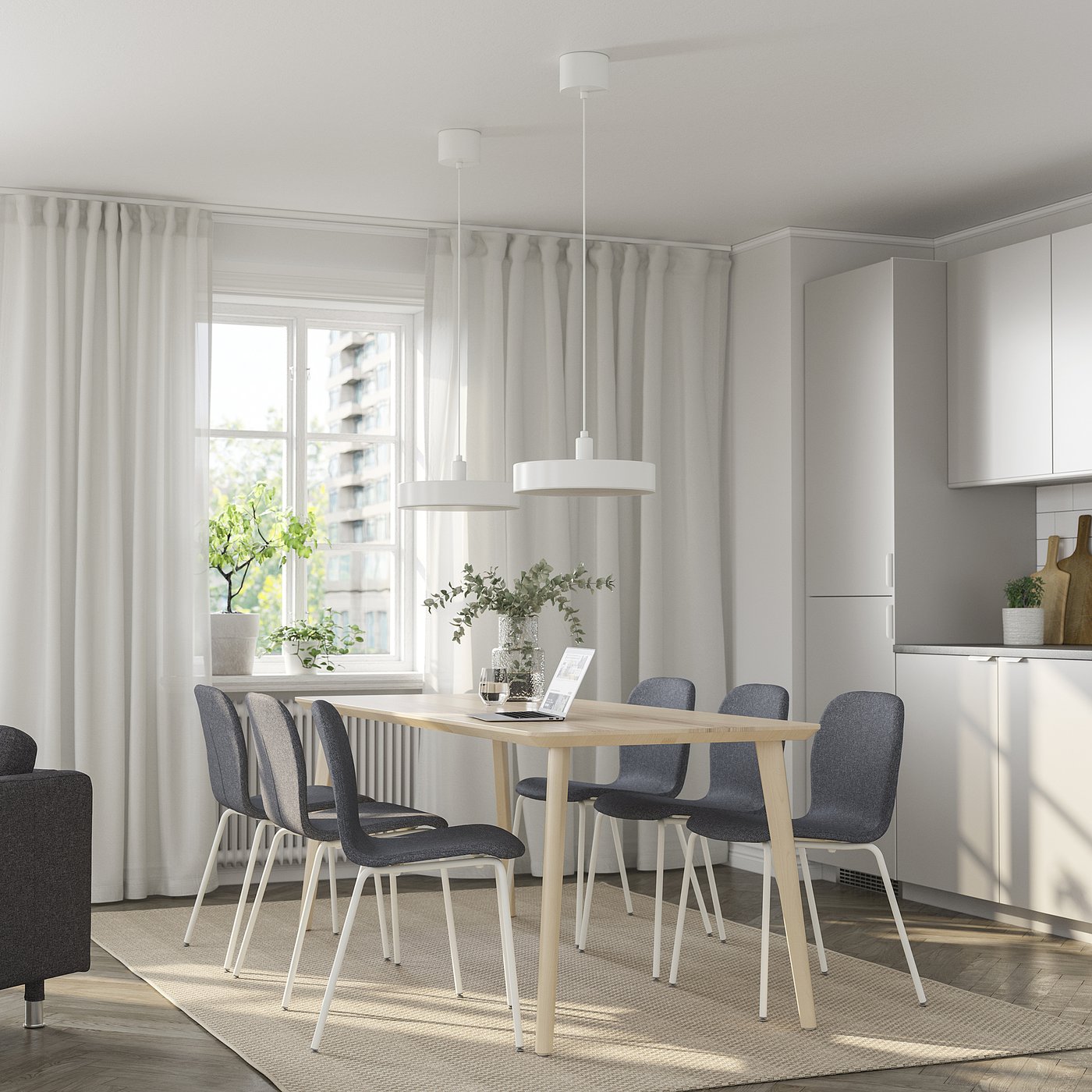 Thumbnail - IKEA LISABO / KARLPETTER Tisch und 6 Stühle Eschenfurnier/Gunnared mittelgrau weiß