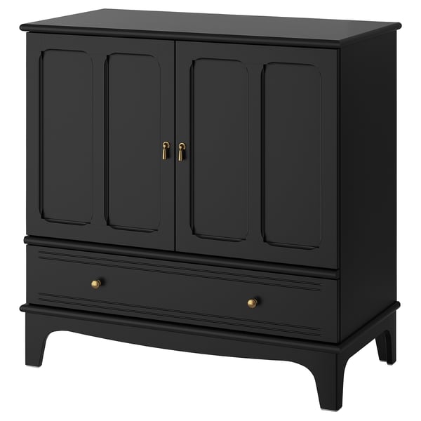 Schwarzer LOMMARC-Schrank mit goldenen Akzenten, rechteckige Form, mit zwei Türen und einer Schublade.