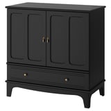 Schwarzer LOMMARC-Schrank mit goldenen Akzenten, rechteckige Form, mit zwei Türen und einer Schublade.