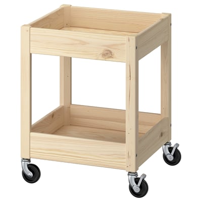 LOSHULT Holzwagen, helle natürliche Oberfläche, vier Räder, rechteckige Form, schlichtes Design.