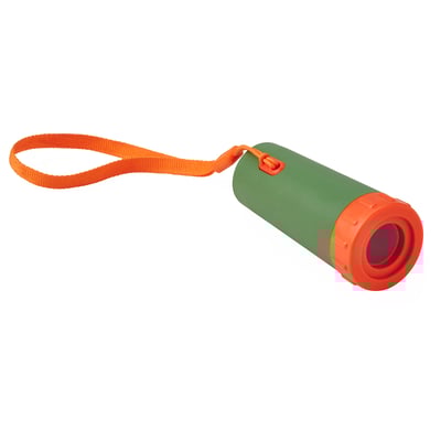 Grünes und orangefarbenes Kinderfernglas mit Gurt.