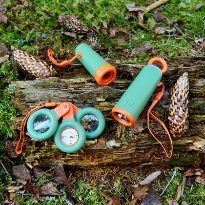 Grünes und orangefarbenes Outdoor-Ausrüstungsset auf Baumstamm. Inklusive Fernglas, Kompass, Taschenlampe und Lupe. Kompakte, helle Farben.