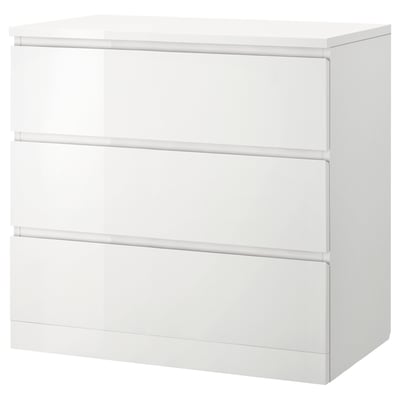 MALM weiße Kommode mit 3 Schubladen, modernes, schlankes Design, glatte Schubladen, wandverankert.