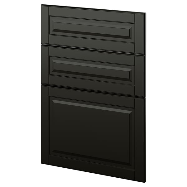 Schwarzer Küchenschrank, modernes, flaches Design, drei Schubladen und eine Tür mit abgeschrägten Kanten.