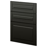 Schwarzer Küchenschrank, modernes, flaches Design, drei Schubladen und eine Tür mit abgeschrägten Kanten.