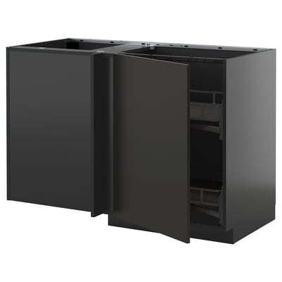 Ein dunkelgrauer IKEA METOD Küchenschrank mit ausziehbaren Regalen. Es hat ein schlankes, modernes Design mit einem robusten Rahmen und Metallbeschlägen.