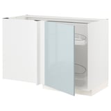Ein weißer ikea METOD Küchenschrank mit einer Glastür in mattem Blau, mit Eckregalen und einem ausziehbaren Karussell.