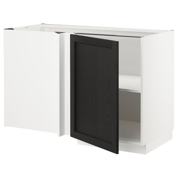 Ein weißer und dunkelgrauer Küchenschrank aus dem IKEAS METOD-System mit einer Holztür mit abgeschrägten Kanten.