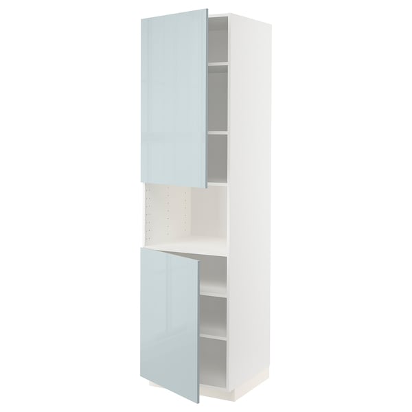 Moderner weißer Hochschrank mit blauen Pepino-Hochglanztüren, verstellbaren Regalen.