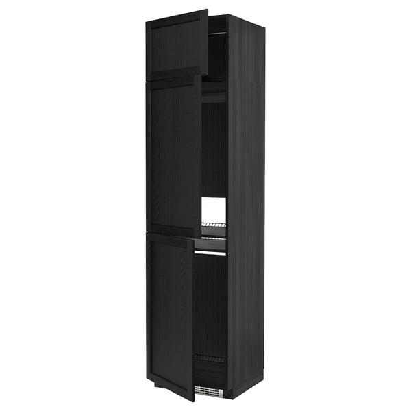 Dunkler Holzschrank mit offenen Türen, die Regale im Inneren zeigen. Hohes, rechteckiges und minimalistisches Design mit abgeschrägten Kanten.