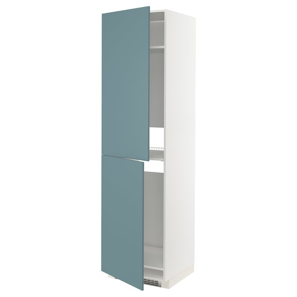 Türkisfarbener METOD-Schrank, schlanker, weißer Rahmen, modernes Design, drei offene Einlegeböden.