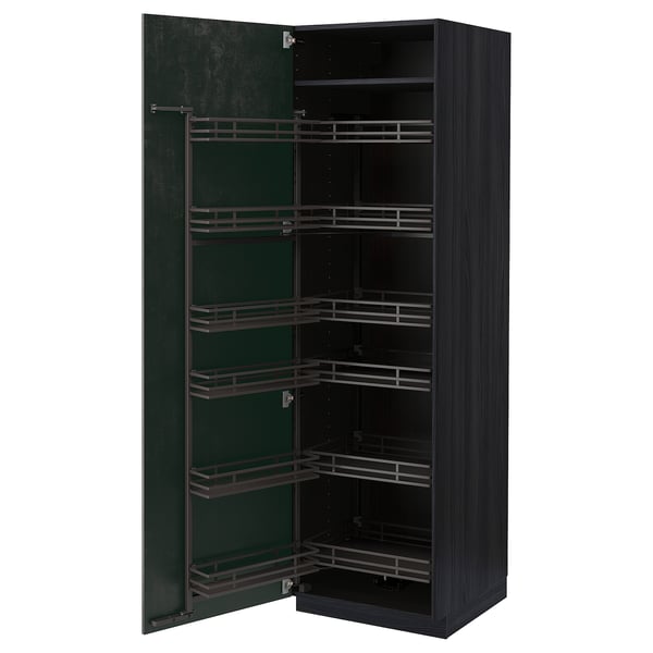 Ein dunkelgrauer METOD Küchenschrank mit mehreren Einlegeböden und ausziehbaren Regalen in modernem, urbanem Design.