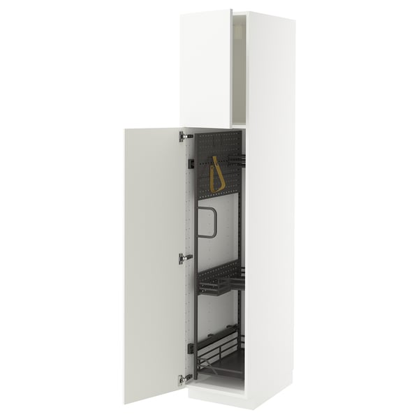 Weißer METOD-Schrank mit glänzender Front, offen für Ausstellungsregale und Organizer.