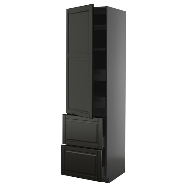Eine hohe schwarze METOD-Küchenzeile mit Schrank und Schubladen. Modernes Design, schlankes Finish.