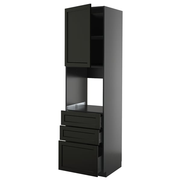 Schwarzer Küchenschrank mit Schubladen und Regalen. Modernes Design, robuste Esche und Spanplatten, abgeschrägte Kanten.