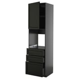 Schwarzer Küchenschrank mit Schubladen und Regalen. Modernes Design, robuste Esche und Spanplatten, abgeschrägte Kanten.