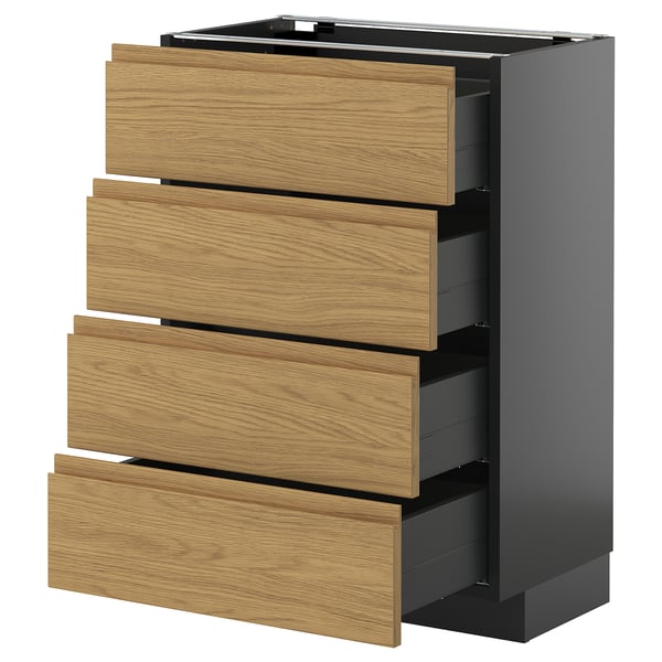 Eine METOD-Küchenzeile mit schwarzen und hölzernen Schubladen im minimalistischen Stil.