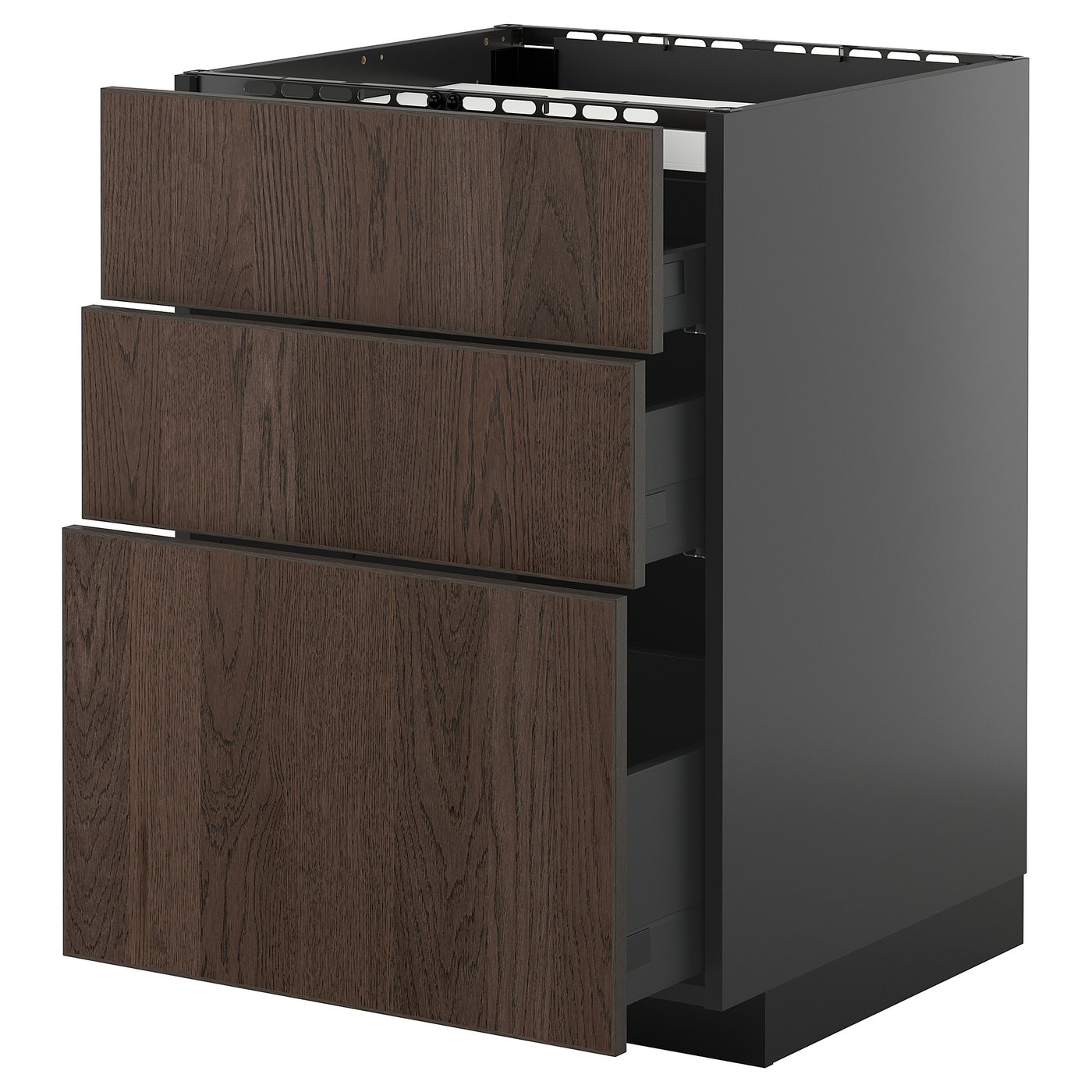 IKEA METOD / KNIVSHULT Unterschr.f Kochf/3 Fronten/3Sch. schwarzgrau/Sinarp braun 60x60 cm