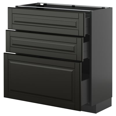 Moderne schwarze Küchenzeile, drei Schubladen und Schrank mit abgewinkelten Kanten, schlankes und zeitgemäßes Design.