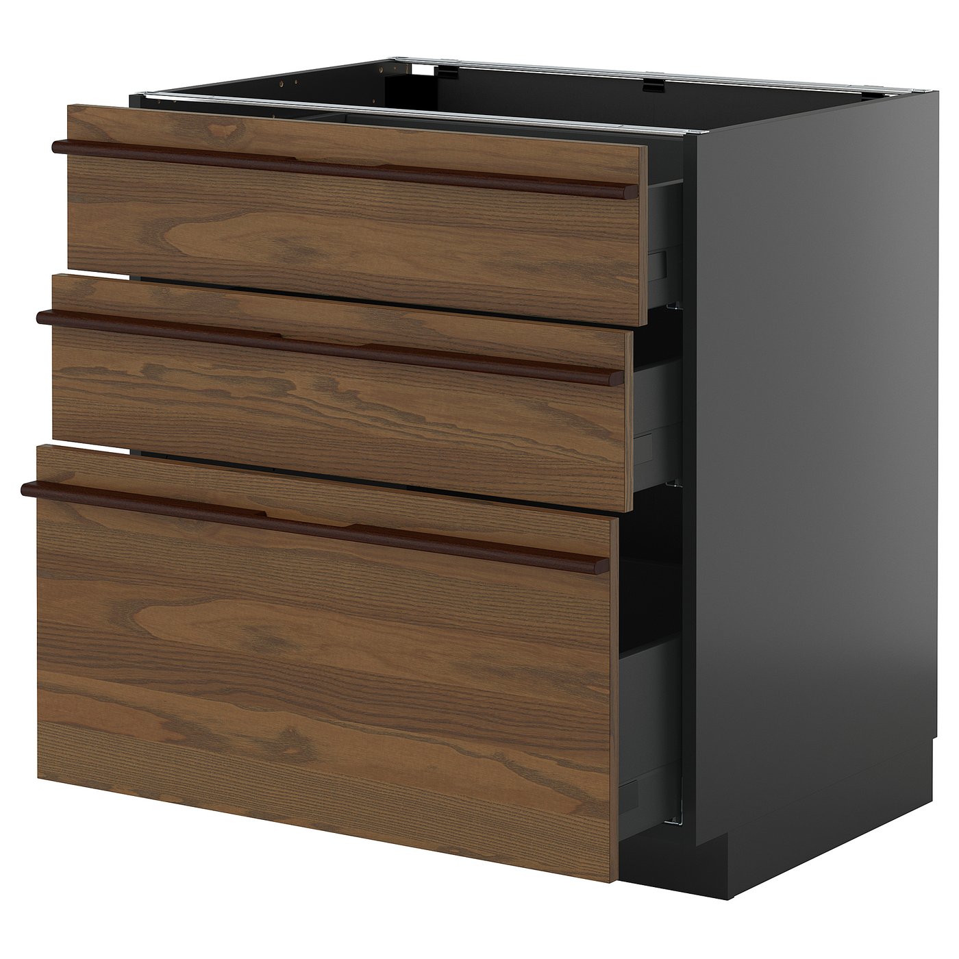 IKEA METOD / KNIVSHULT Unterschrank mit 3 Schubladen schwarzgrau/Stensta Eschenfurnier dunkelbraun 80x60 cm