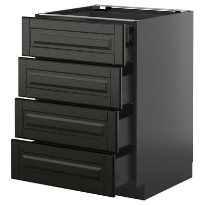 Moderner schwarzer Küchenschrank mit fünf offenen Schubladen, schlankem Design, Metallic-Finish.