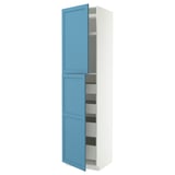 Ein weißer METOD-Schrank mit blauen Türen, der verstellbare Regale enthält. Der Schrank hat eine rechteckige Form und eine glatte Oberfläche.