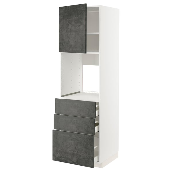 Ein weißer METOD Küchenschrank mit drei dunkelgrauen Schubladen und einer passenden Tür. Es hat einen schlanken, modernen Look mit einer Oberfläche in Zementoptik.
