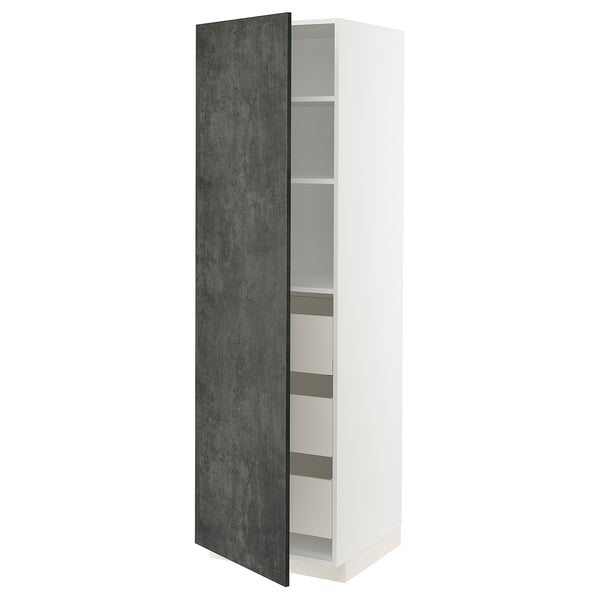 Ikea METOD Küchenschrank, dunkelgrau, weiße Regale, hoch, rechteckig mit einer offenen Tür.