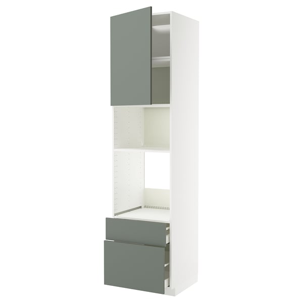 Ikea METOD Küchenzeile mit graugrünen Türen, weißem Rahmen, verstellbaren Regalen und Schubladen.