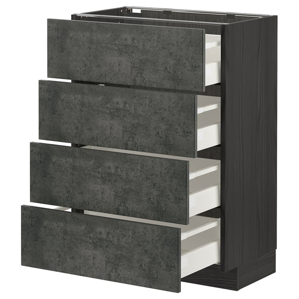 Schwarz-graue Küchenzeile mit vier offenen Schubladen aus Spanplatten, Laminat und Stahl.