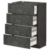 Schwarz-graue Küchenzeile mit vier offenen Schubladen aus Spanplatten, Laminat und Stahl.